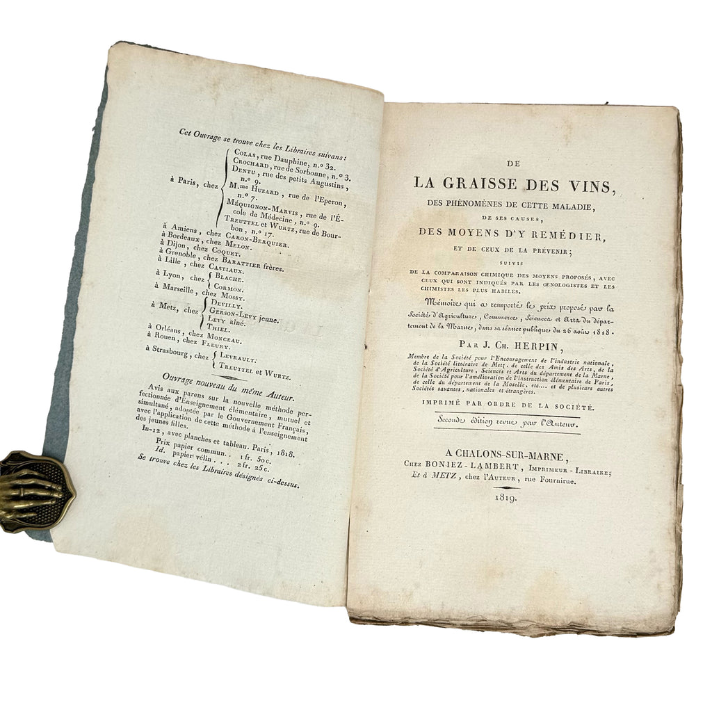 De la graisse des vins by Herpin, Jean Charles: a finely preserved portion of the 1819 wine & viticulture piece