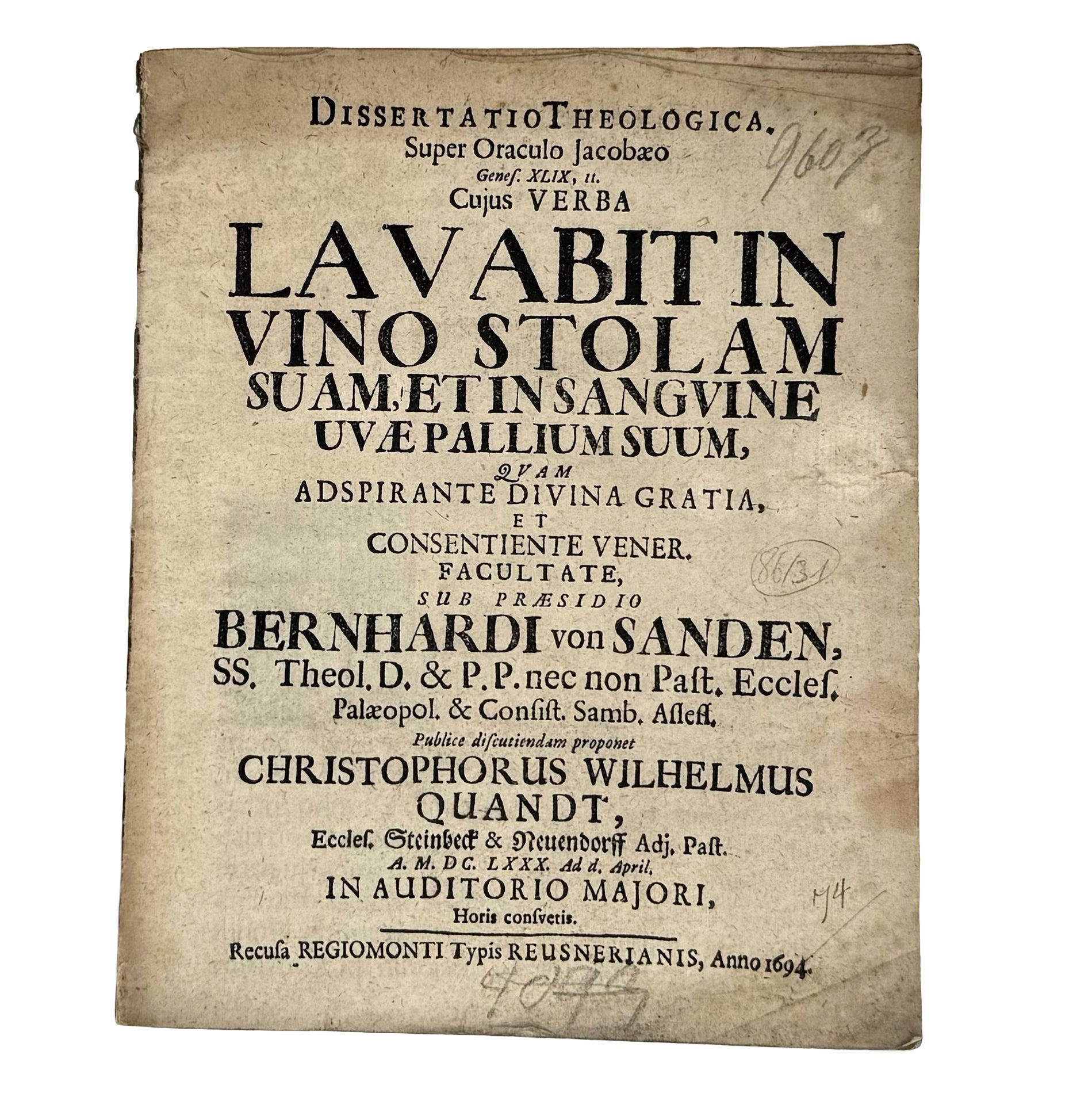 Dissertatio Theologica Super Oraculo Jacobaeo Genes. XLIX, 11.  by Quandt, Christophorus Wilhelmus: a precious visual instance of the 1694 wine & viticulture publication