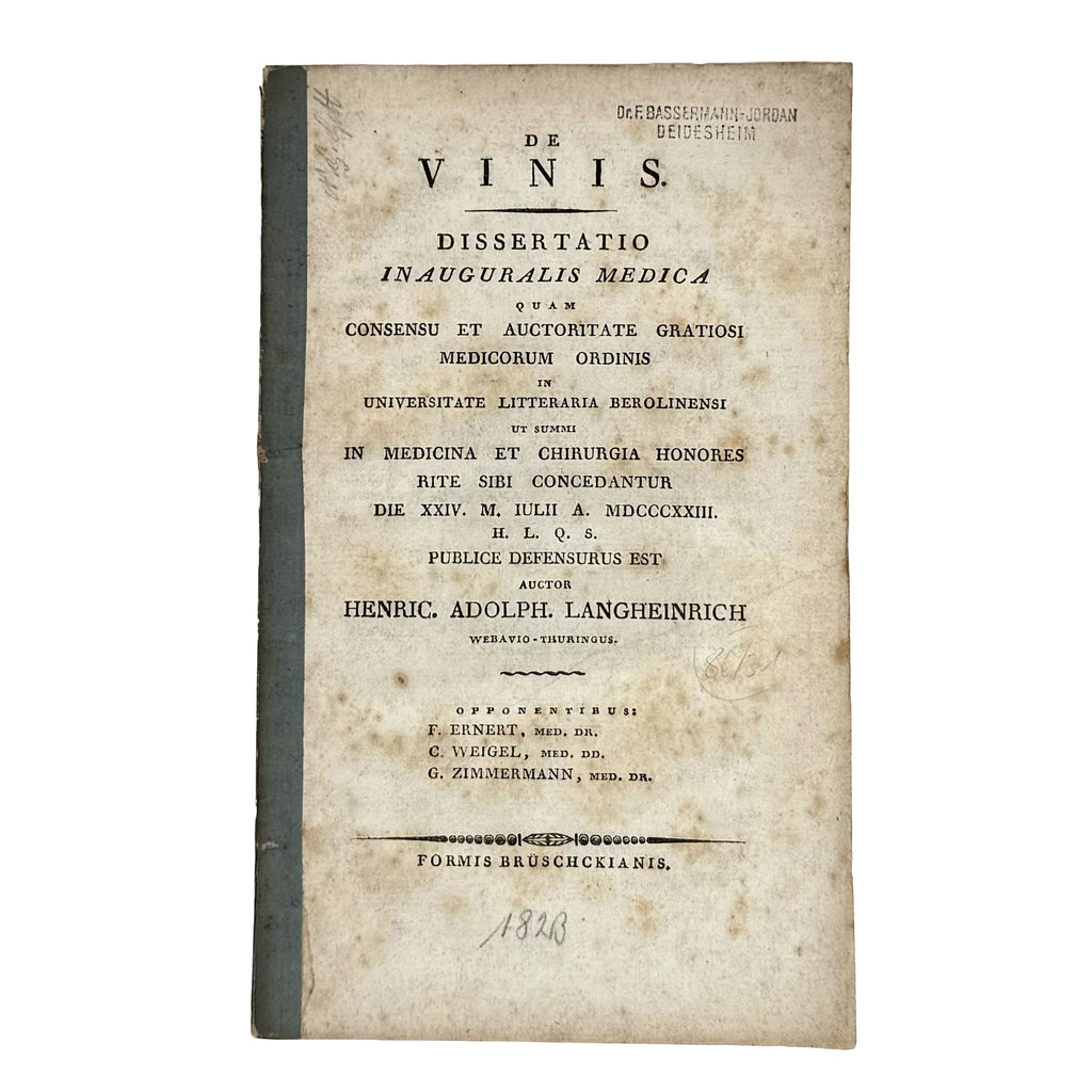 De Vinis by Langheinrich, Henricus Adolphus: a carefully chosen vignette of the 1823 wine & viticulture printed work