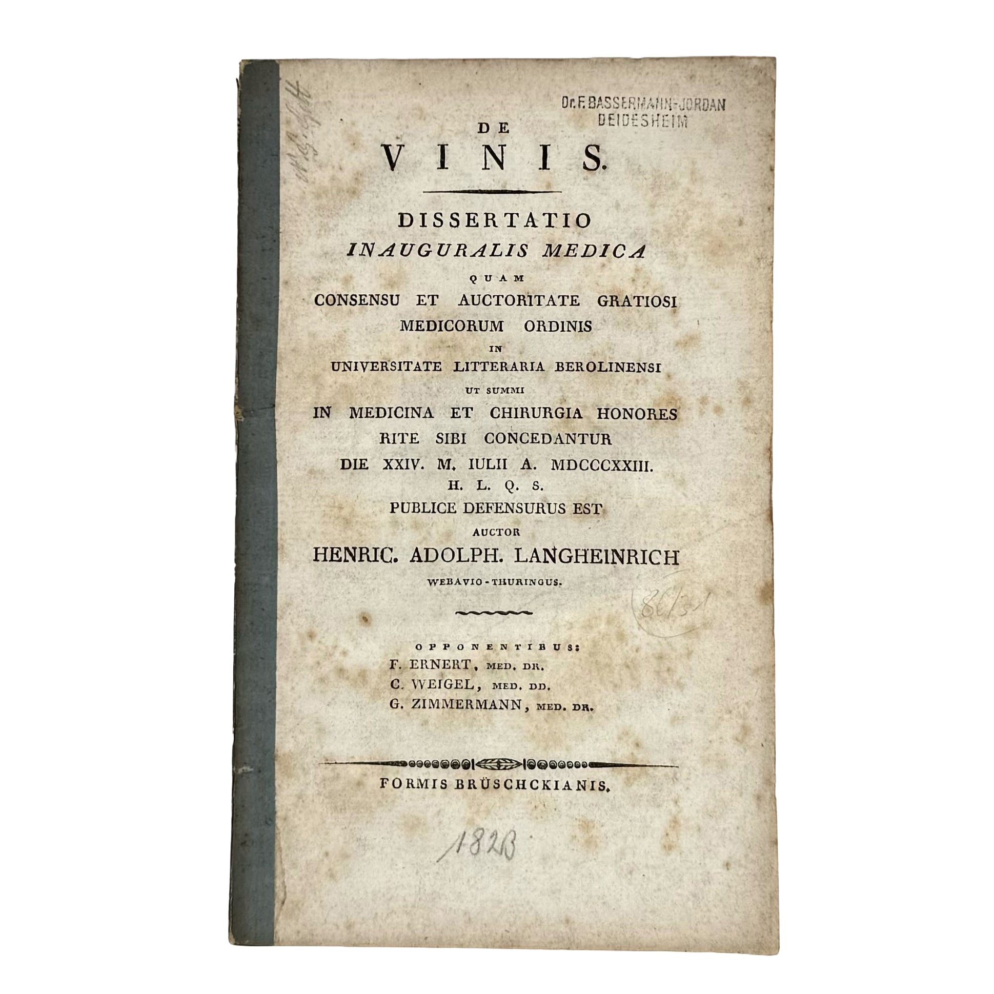 De Vinis by Langheinrich, Henricus Adolphus: a carefully chosen vignette of the 1823 wine & viticulture printed work