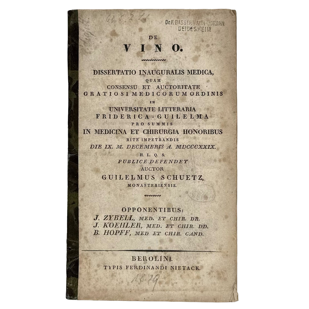 De Vino by Schuetz, Guilelmus: an exquisite selection from the 1829 wine & viticulture exemplar
