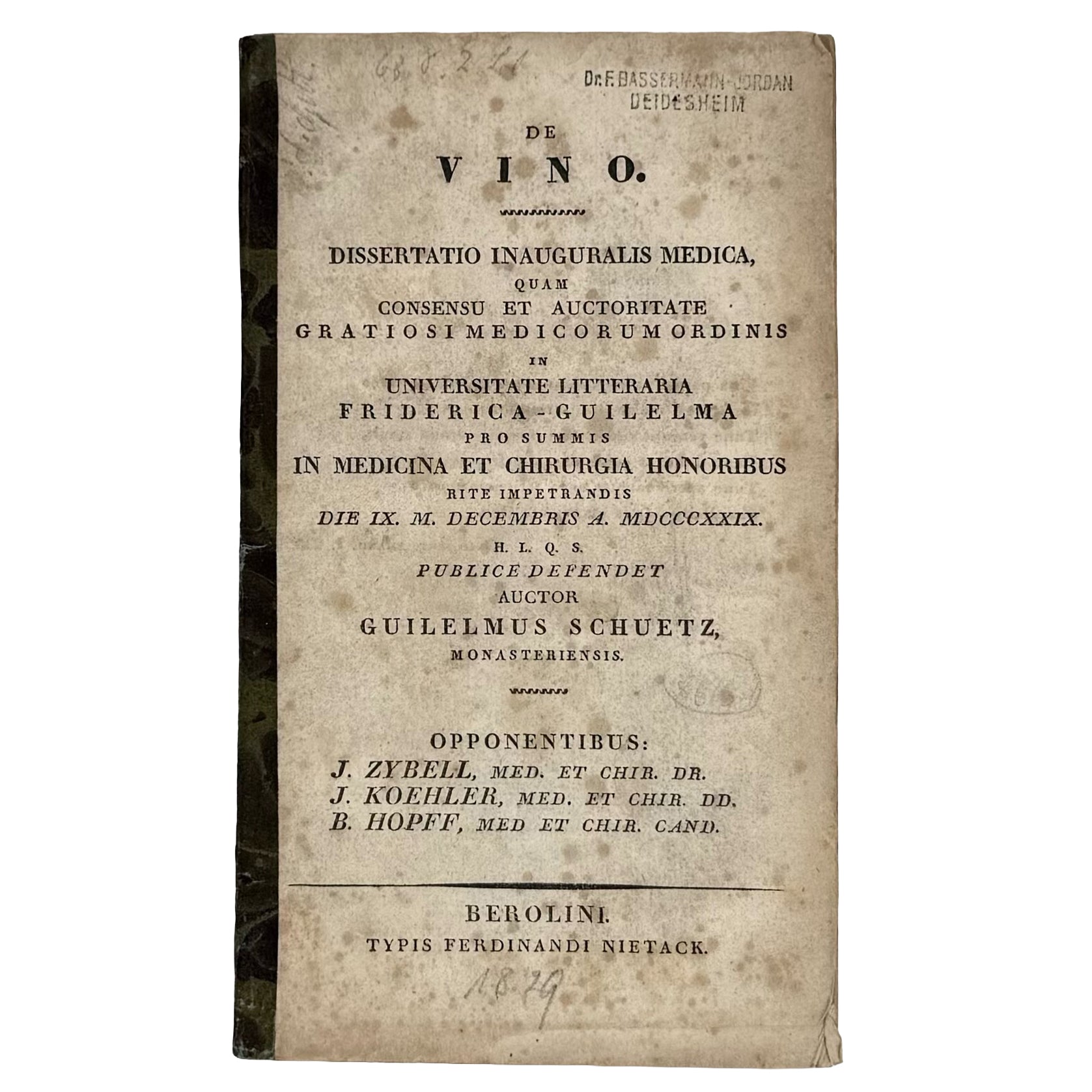 De Vino by Schuetz, Guilelmus: an exquisite selection from the 1829 wine & viticulture exemplar