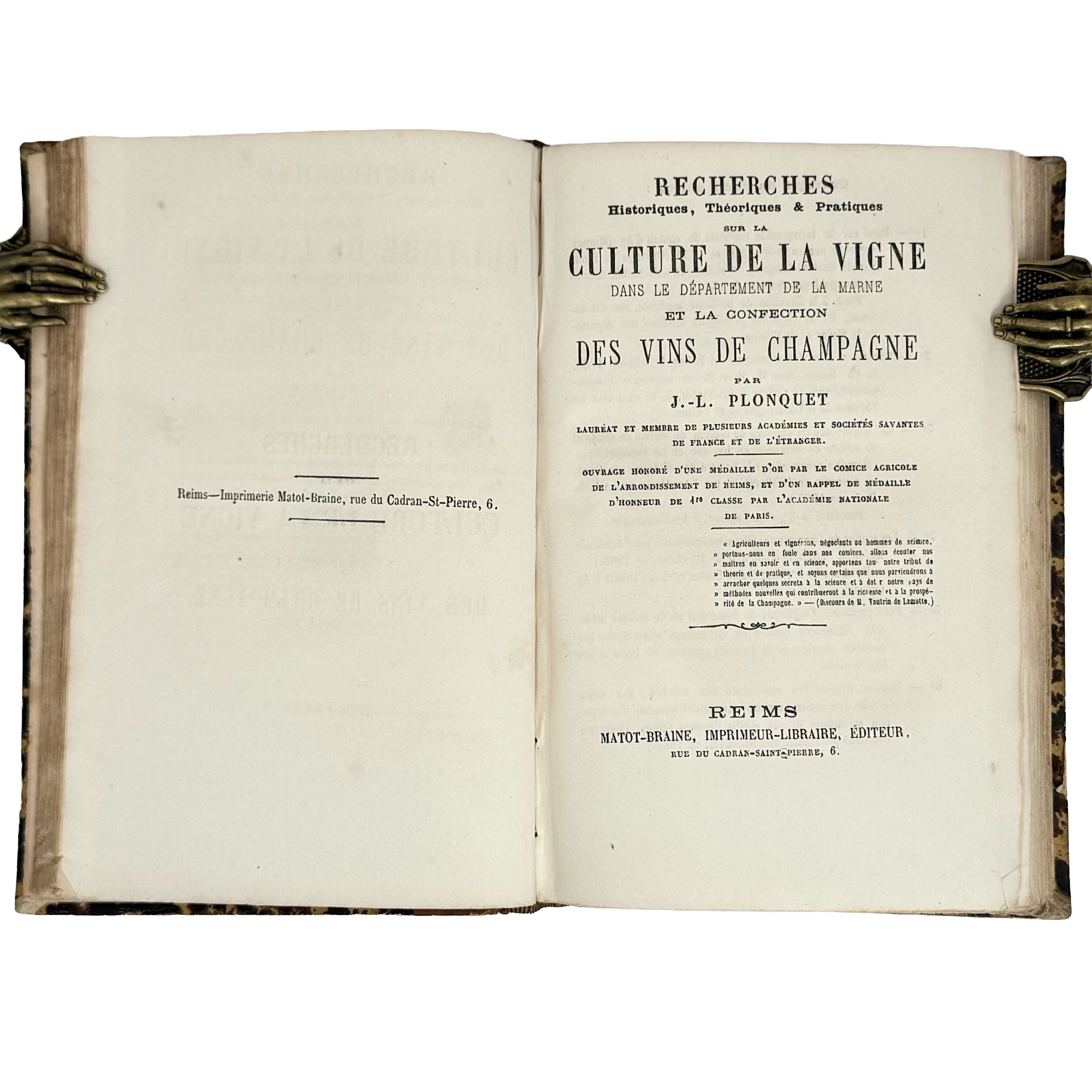 Essai sur l'Histoire des Vins de la Champagne. Bound with: Recherches (...) sur la culture de la Vigne (...) et la confection des vins de Champagne by Sutaine, Max; Plonquet, J.L.: a noteworthy detail captured from the 1845 wine & viticulture printed work