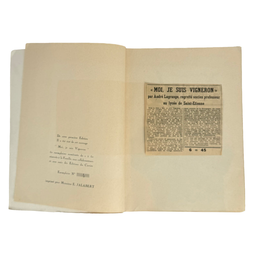 Moi, je suis Vigneron by Lagrange, André: a precious visual instance of the 1960 wine & viticulture exemplar