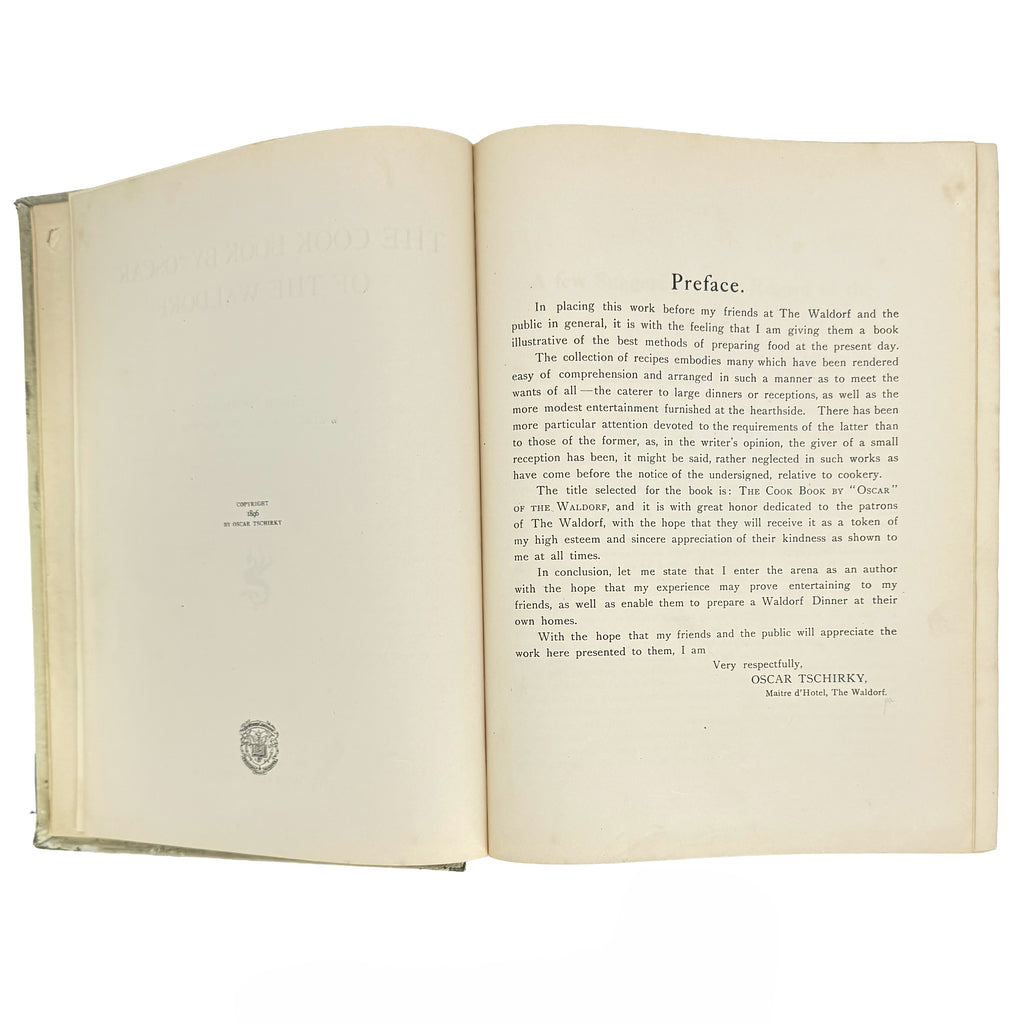 The cook book by "Oscar" of the Waldorf. by Tschirky, Oscar: an uncommon representative view of the 1896 gastronomy & pleasures printed work