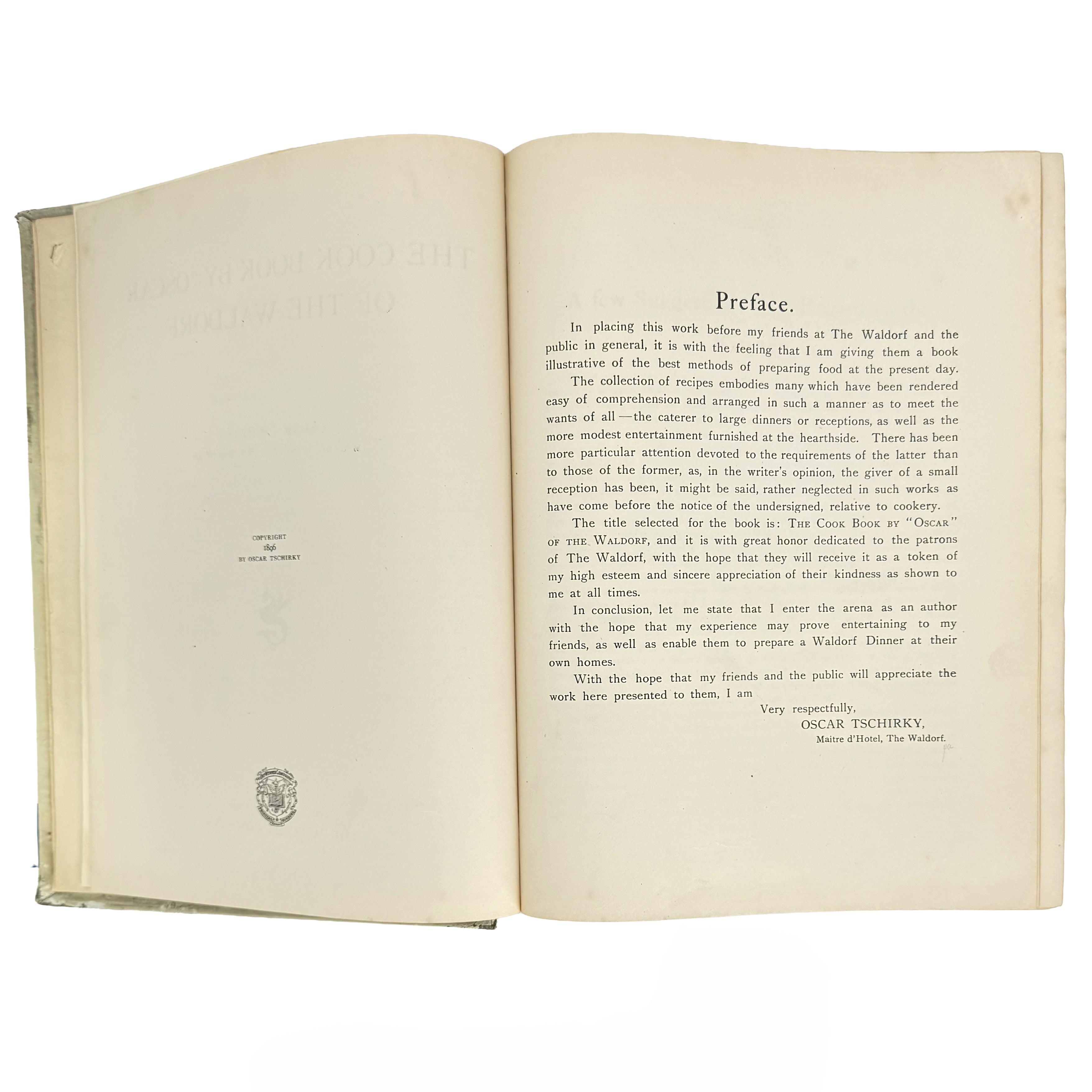 The cook book by "Oscar" of the Waldorf. by Tschirky, Oscar: an uncommon representative view of the 1896 gastronomy & pleasures printed work