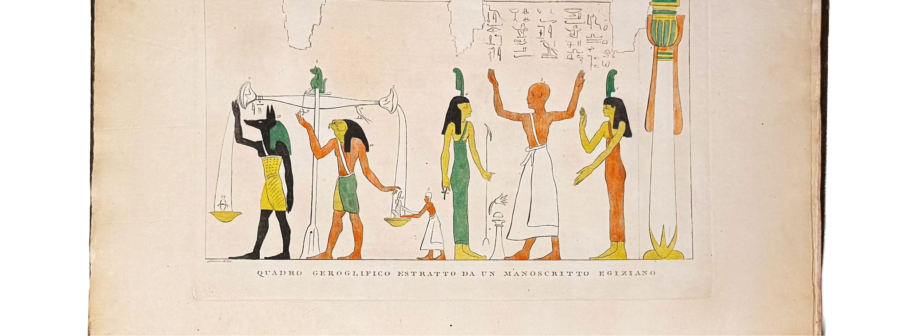 An ancient Egyptian-style illustration printed on aged beige paper, depicting several figures in colorful robes with hieroglyphic symbols and a vertical decorative motif on the right. 