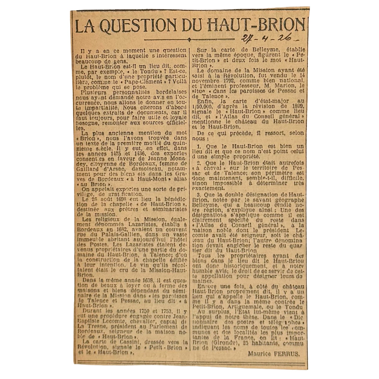Les origines du cru de Haut-Brion-La Mission