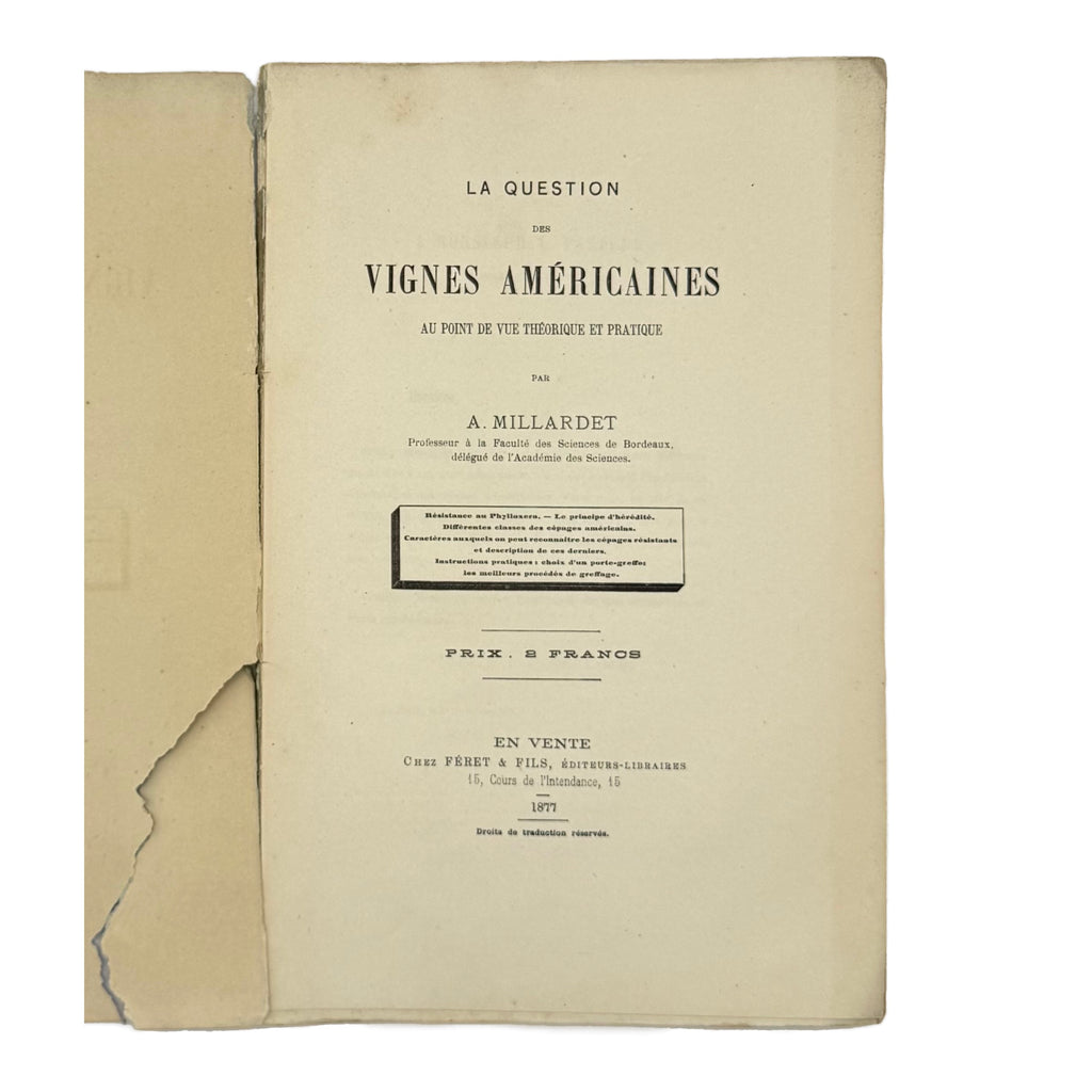 La Question Des Vignes Americaines by Millardet, Alexis, a rare captivating detail of the 1877 - wine book.