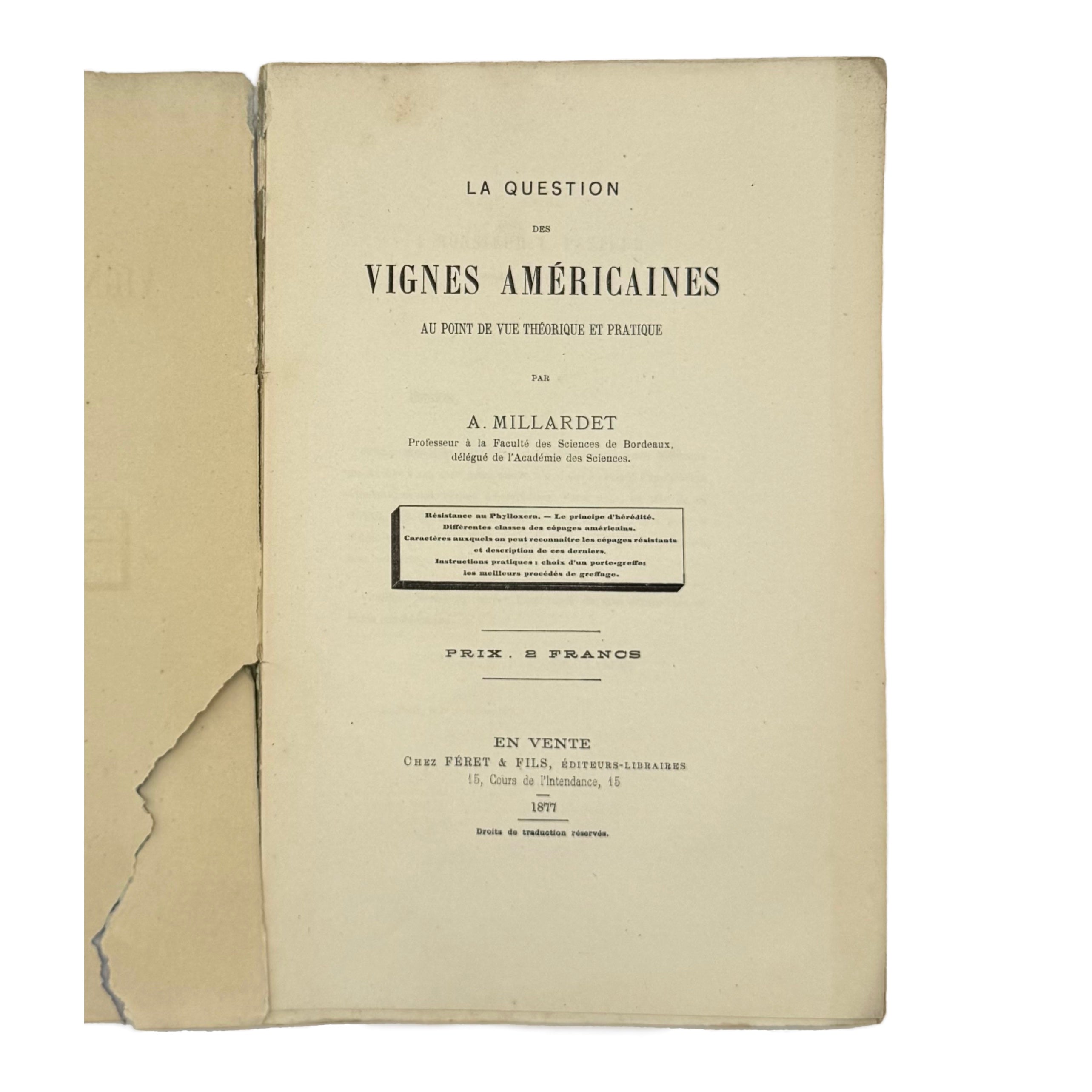 La Question Des Vignes Americaines by Millardet, Alexis, a rare captivating detail of the 1877 - wine book.