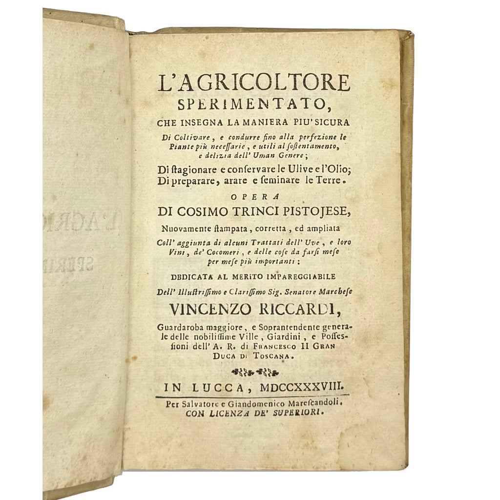 L'Agricoltore Sperimentato by Trinci, Cosimo, a rare photograph of the 1738 - wine book.