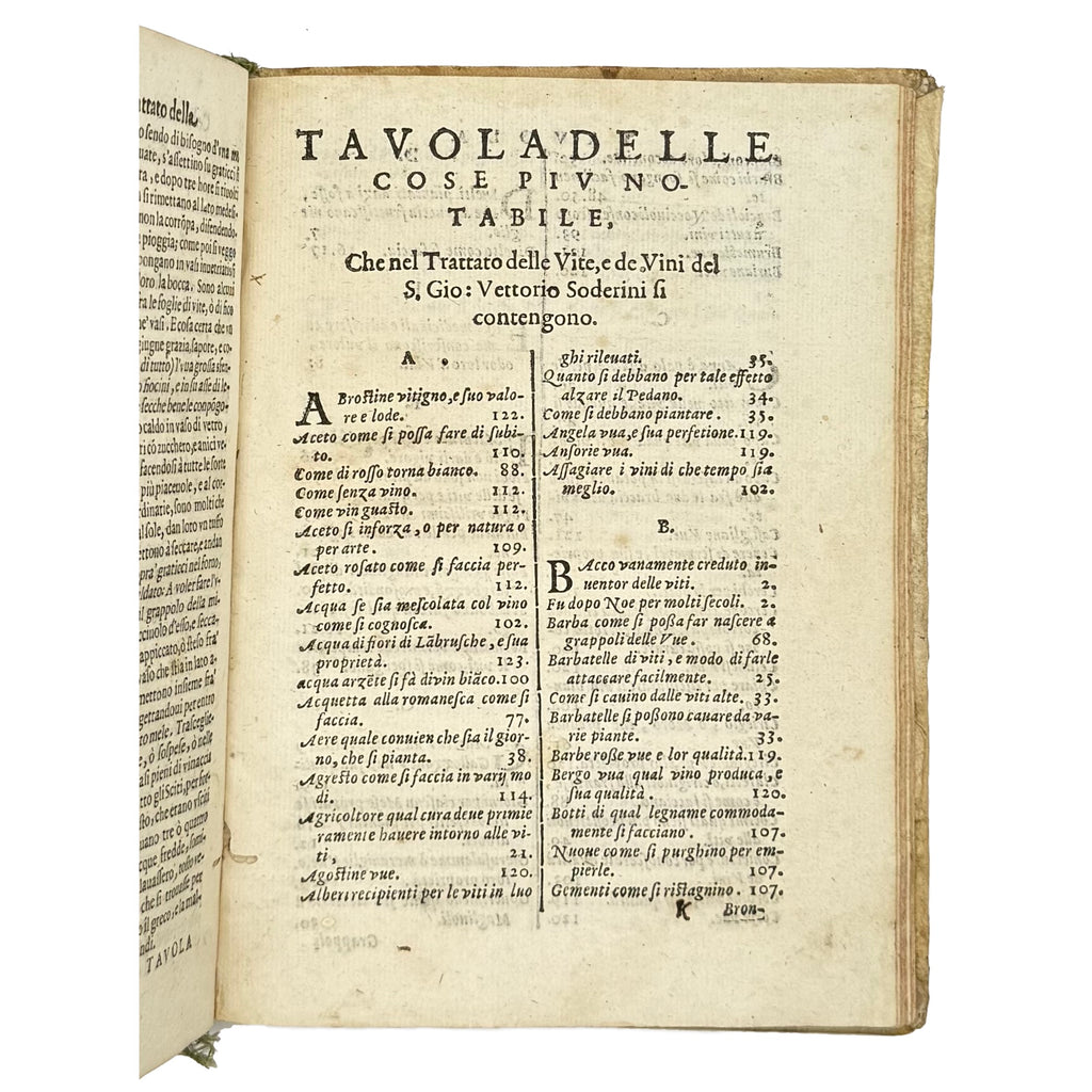 Trattato Della Coltivazione Delle Viti by Soderini, Gioanvettorio; Davanzati Bostichi, Bernardo, a rare sample view of the 1610 - wine book.