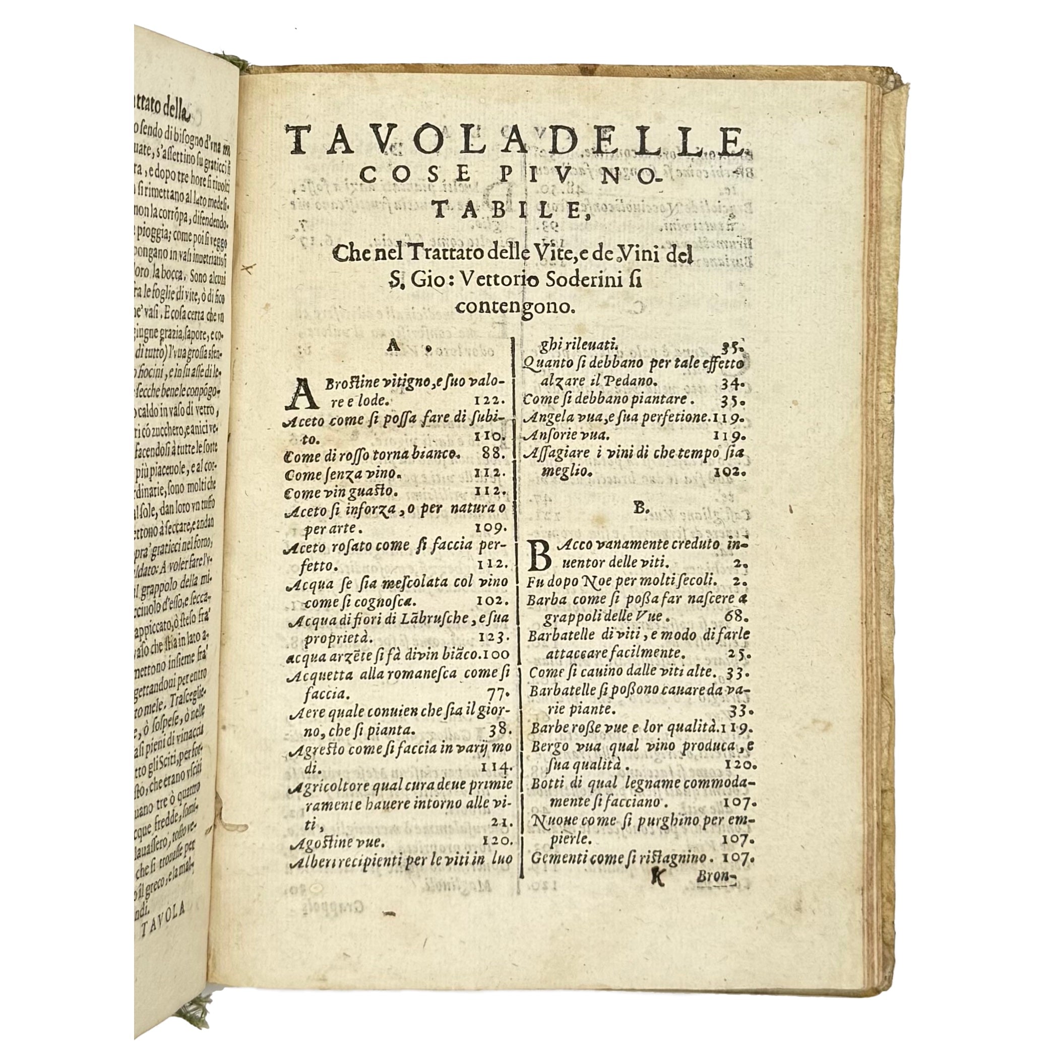 Trattato Della Coltivazione Delle Viti by Soderini, Gioanvettorio; Davanzati Bostichi, Bernardo, a rare sample view of the 1610 - wine book.