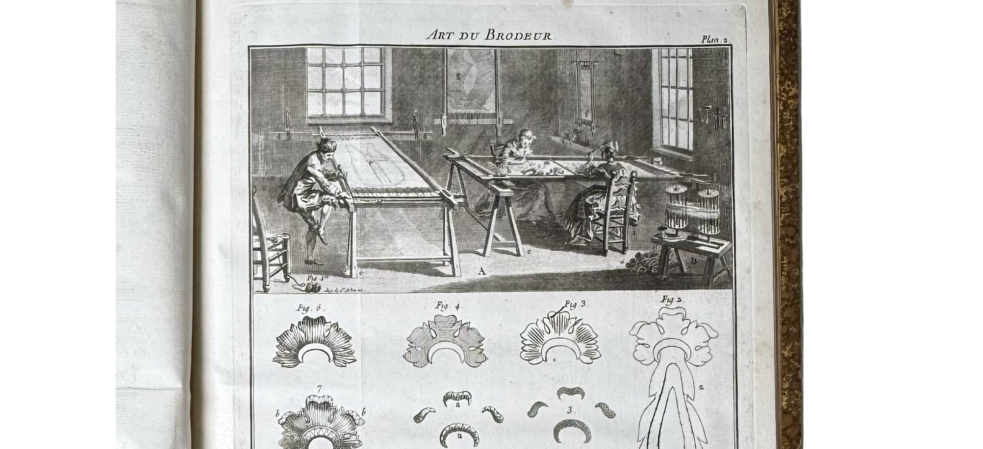 Framed engraving of a brocaderie workshop with detailed illustrations below.
