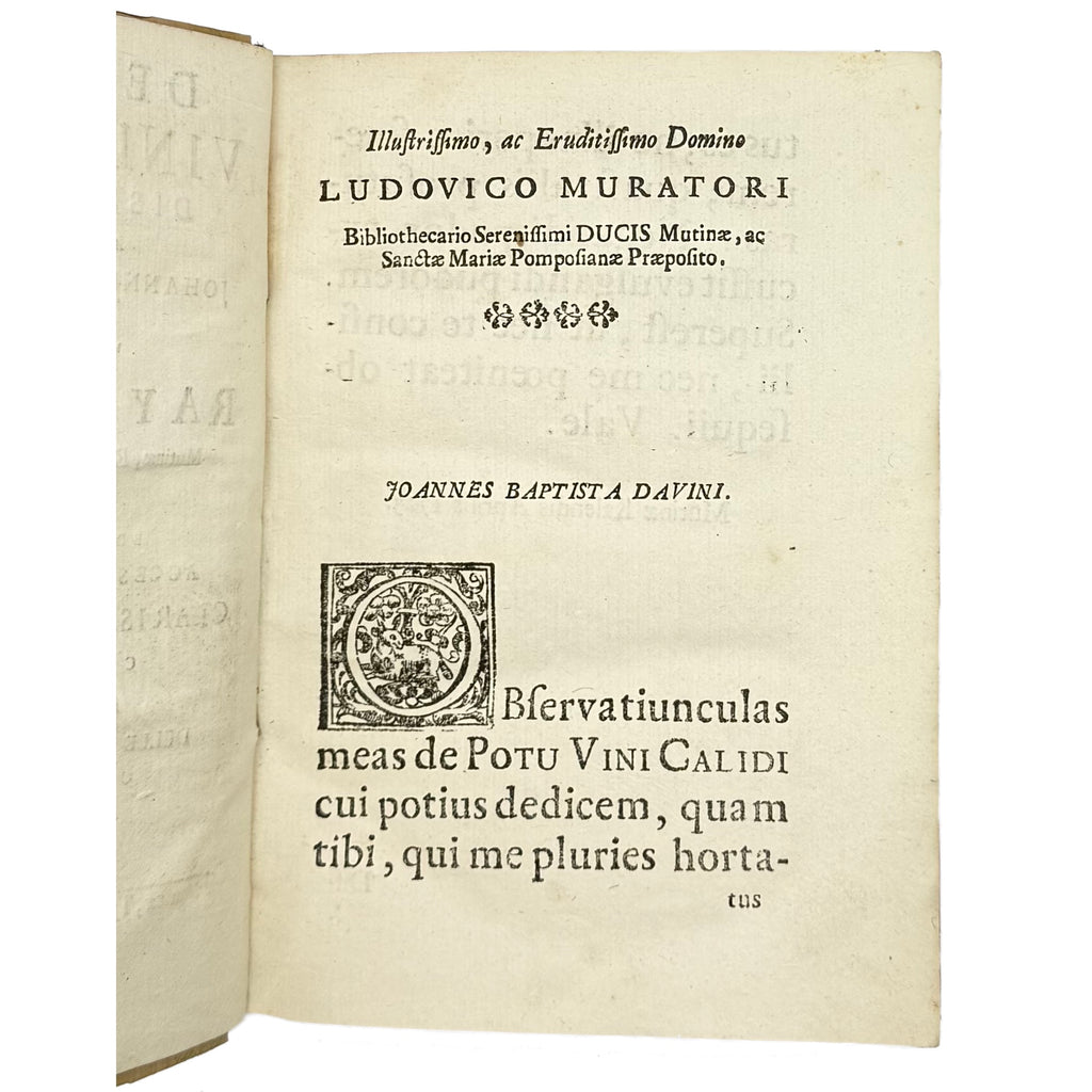 De Potu Vini Calidi Dissertatio by Davini, Giovanni Battista; Vallisneri, Antonio, a rare photograph of the 1725 - wine book.