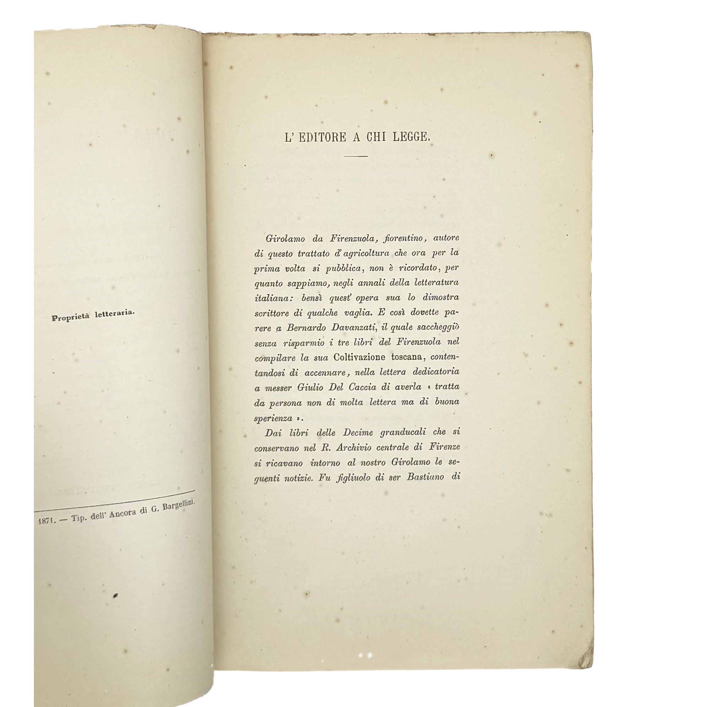 Dell'Agricoltura Libri Tre by Da Firenzuola, Girolamo , a rare interior highlight of the 1871 - wine book.