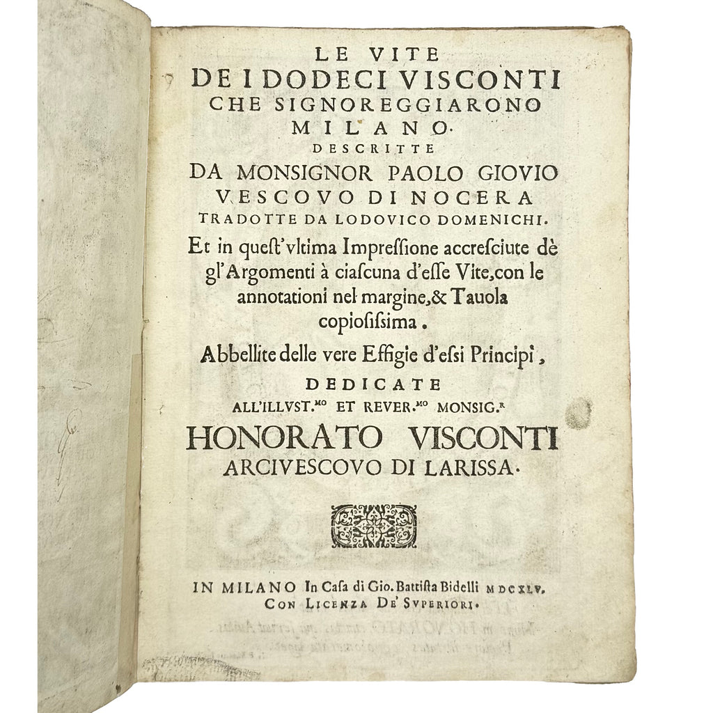 Vite Dei Dodici Visconti by Giovio, Paolo, a rare highlight from the volume of the 1645 - illustrated book.