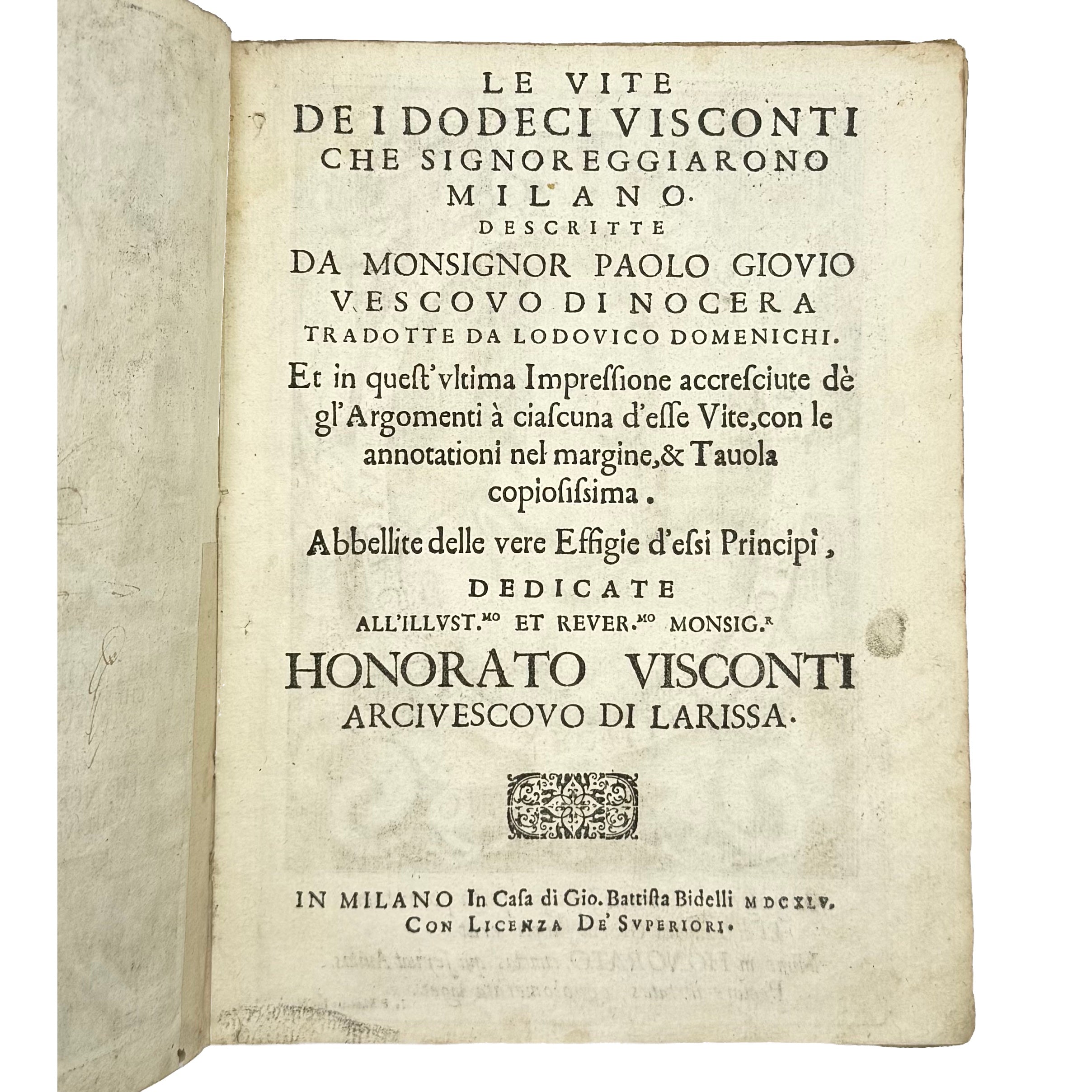 Vite Dei Dodici Visconti by Giovio, Paolo, a rare highlight from the volume of the 1645 - illustrated book.