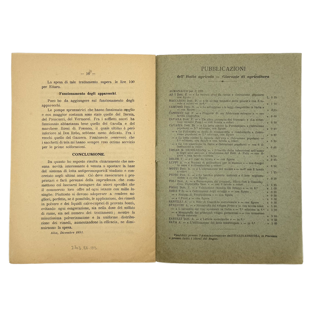 La Lotta Contro La Peronospora Nel 1891 by Cavazza, Domizio, a rare captivating detail of the 1891 - wine book.