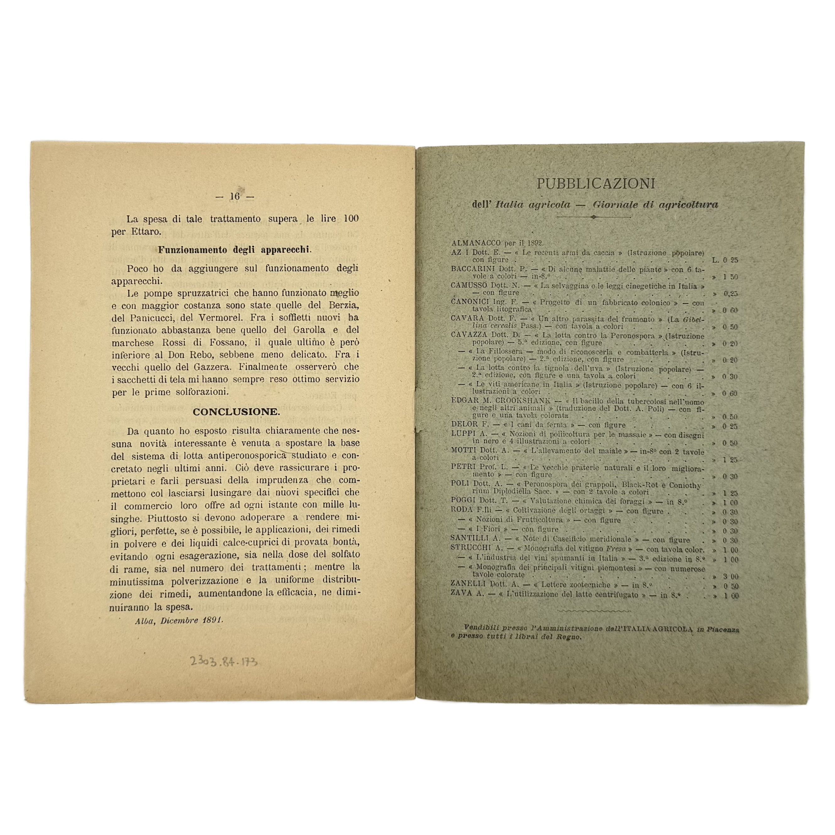 La Lotta Contro La Peronospora Nel 1891 by Cavazza, Domizio, a rare captivating detail of the 1891 - wine book.