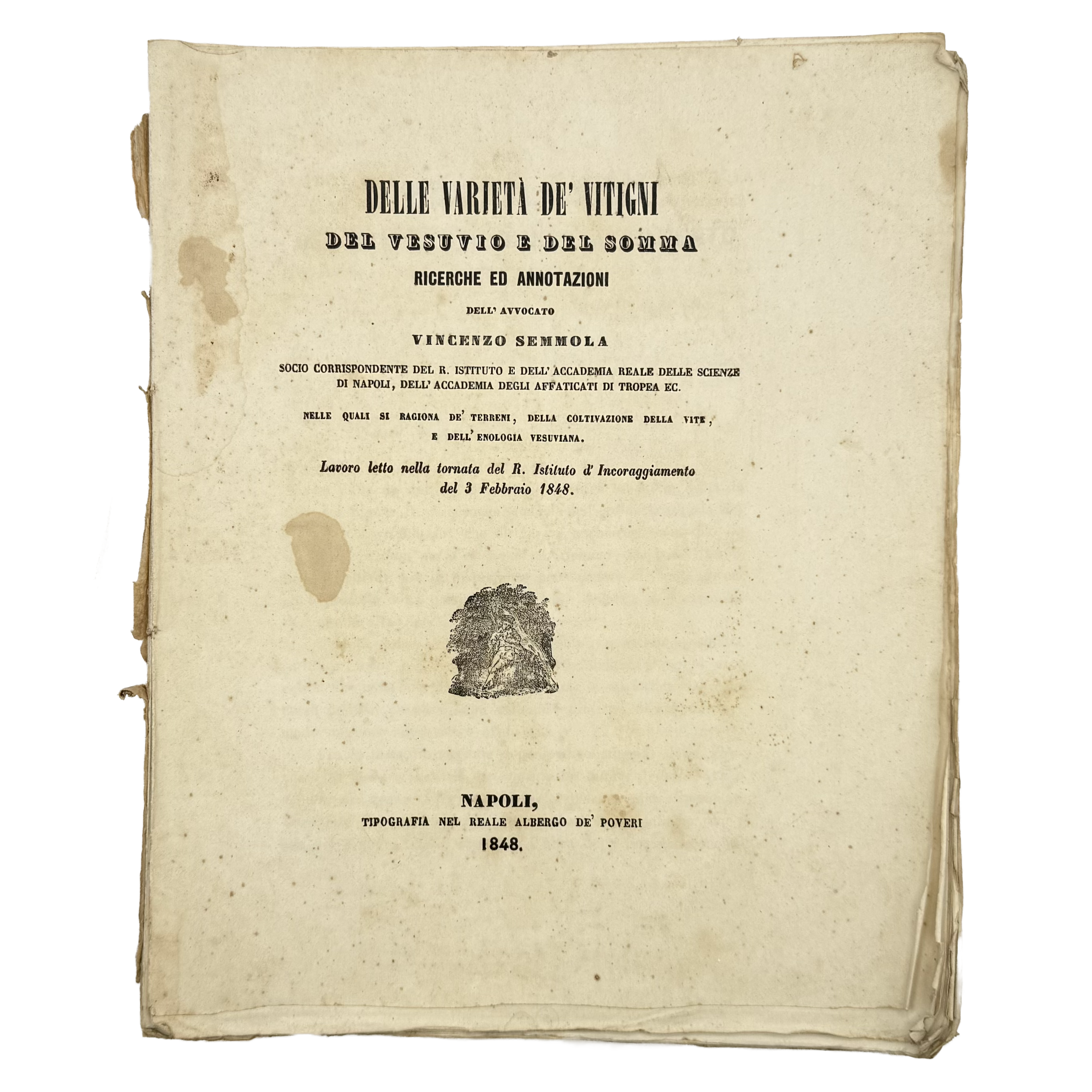 Delle Varietà De' Vitigni Del Vesuvio E Del Somma by Semmola, Vincenzo, a rare example image of the 1848 - wine book.