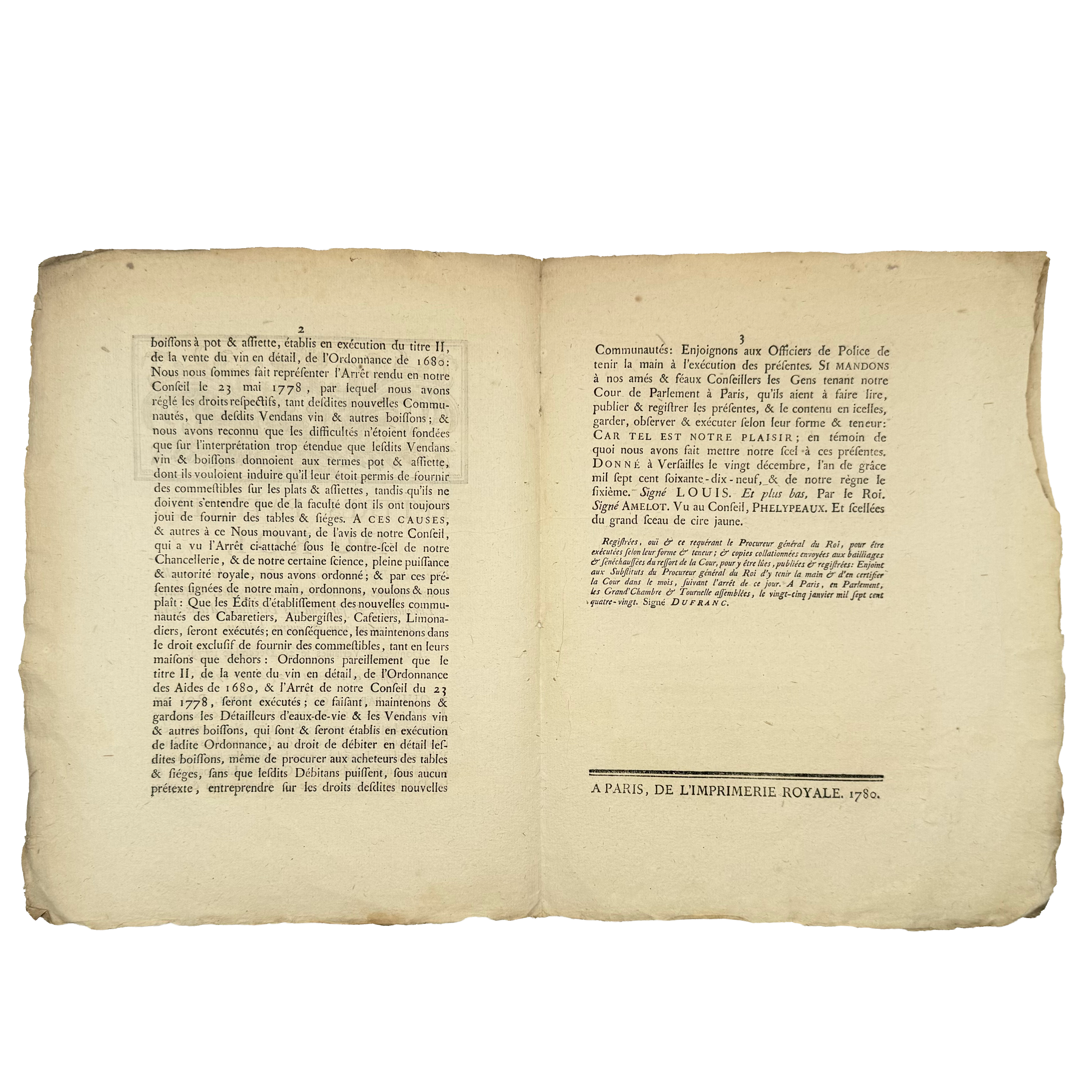 Lettres Patentes Du Roi by Redi, Francesco, a rare photograph of the 1780 - gastronomy book.