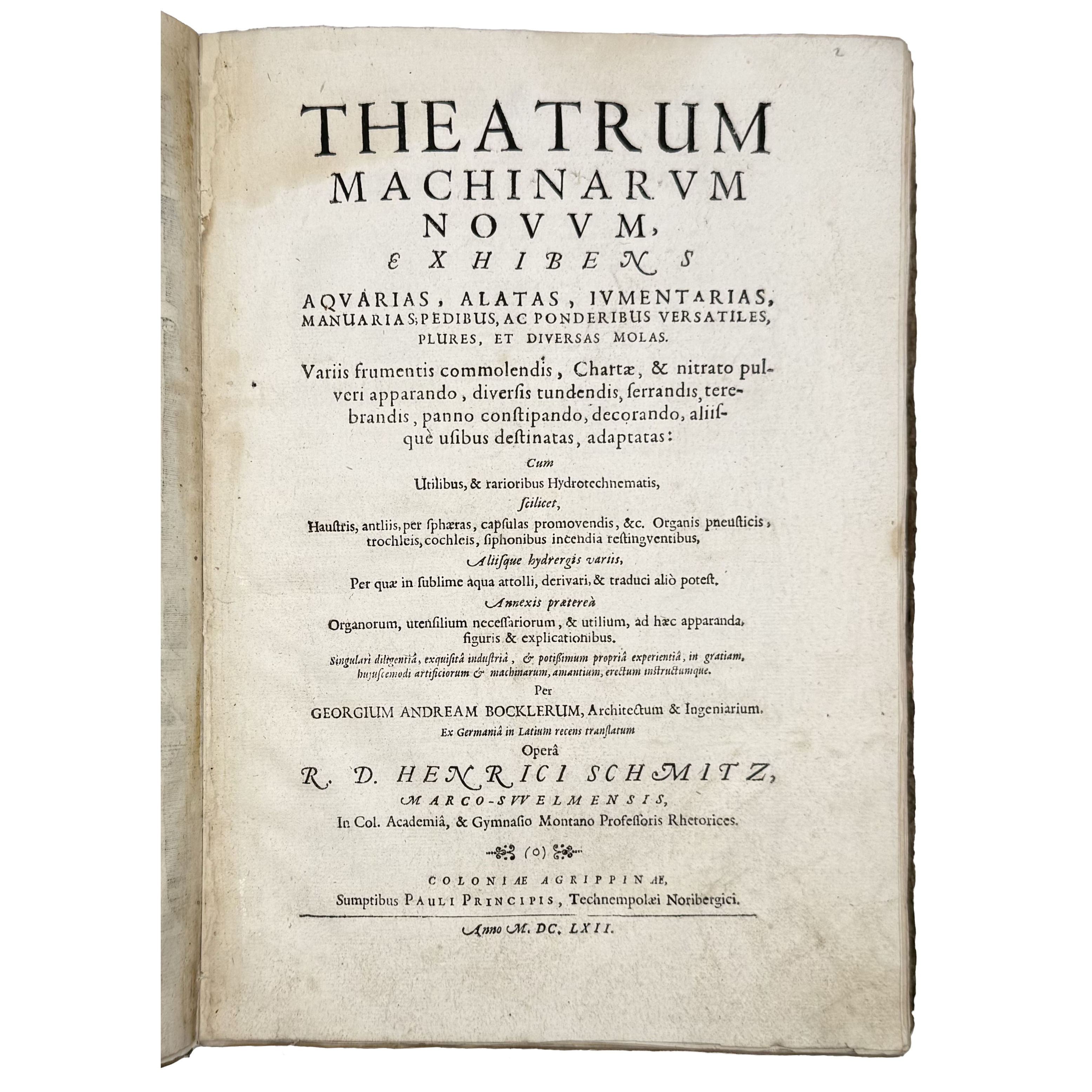 Theatrum Machinarum Novum by Böckler, Georg Andreas, a rare feature view of the 1662 - illustrated book.