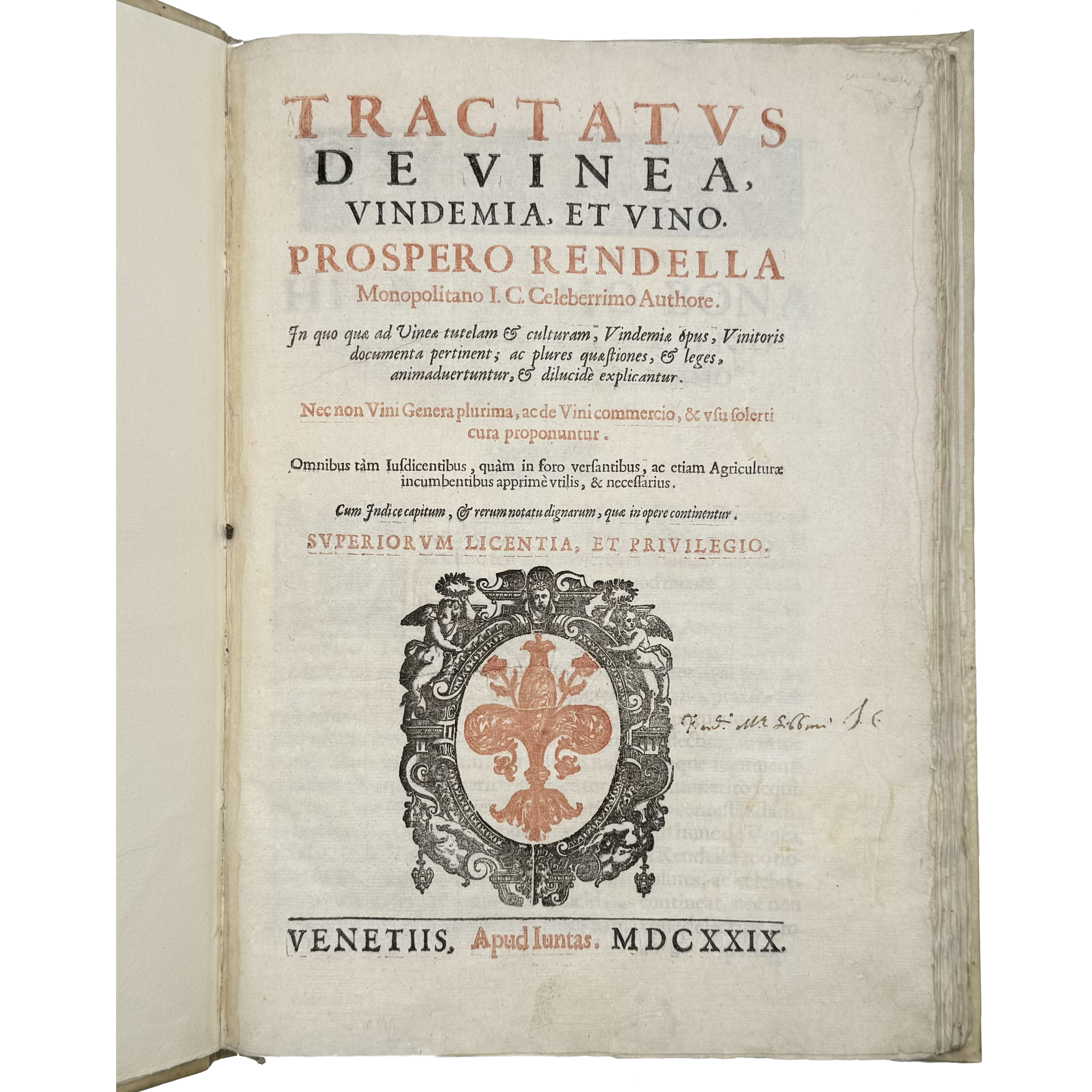 Tractatus De Vinea, Vindemia Et Vino by Rendella, Prospero, a rare sample view of the 1629 - wine book.