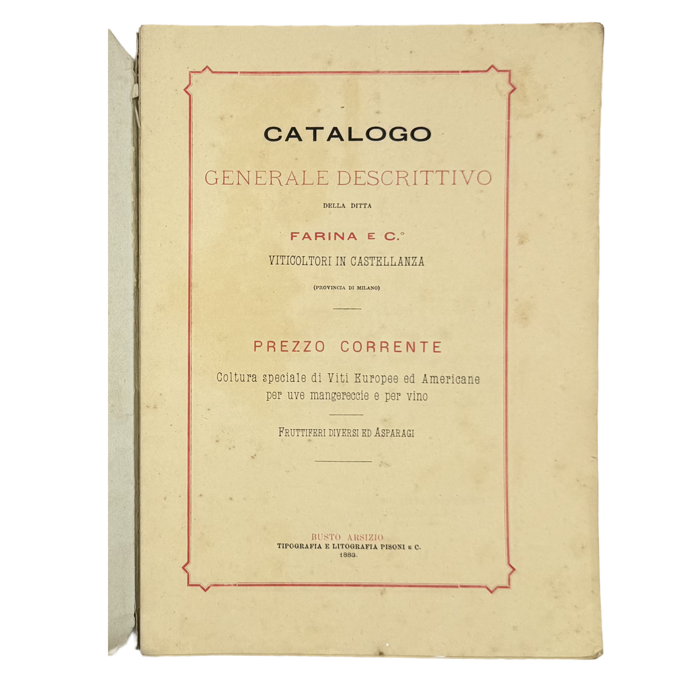 Catalogo Generale Descrittivo by Ditta Farina, a rare representative view of the 1883 - wine book.