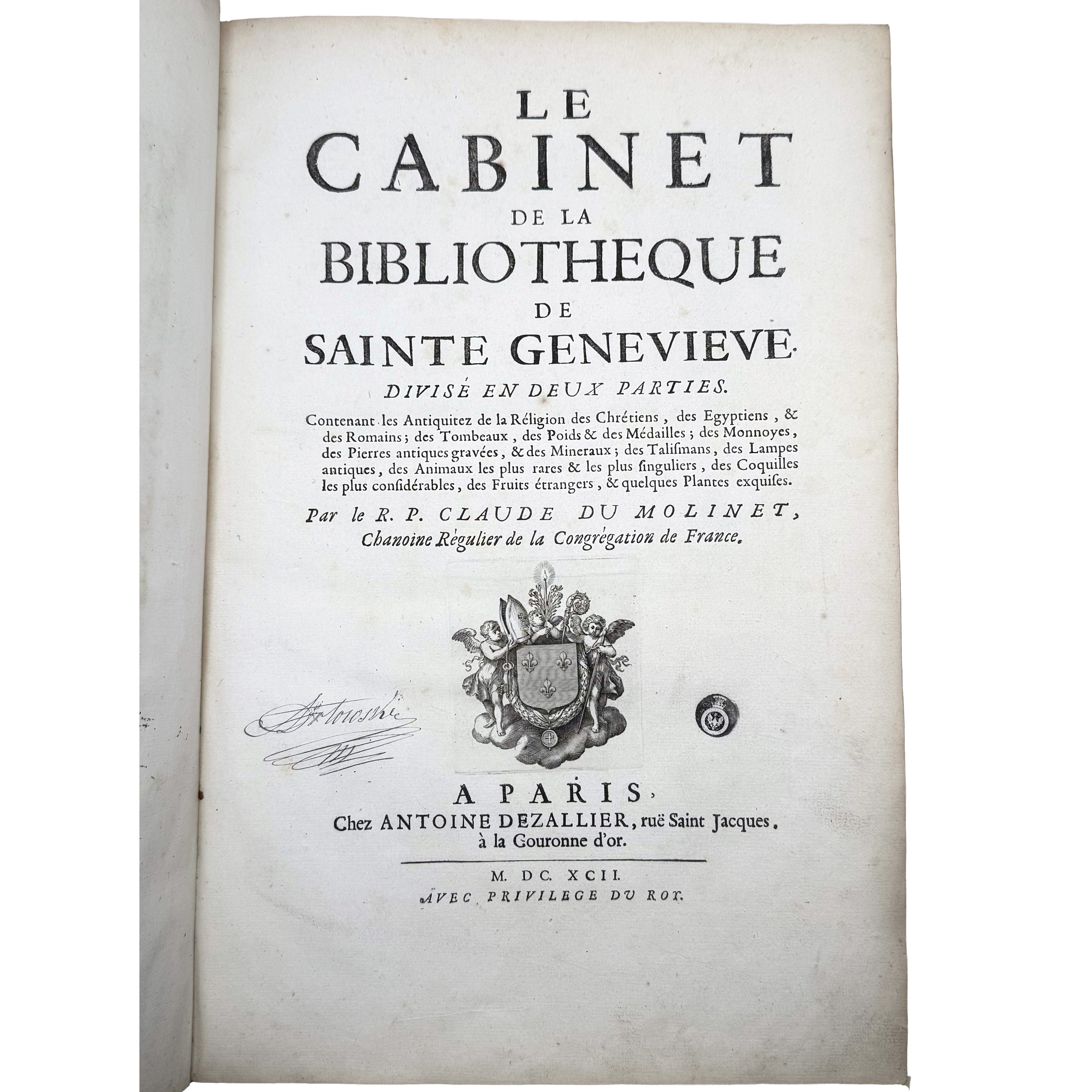 Le Cabinet de la Bibliotheque de Sainte Genevieve by Du Molinet, Claude: a delicate visual nuance of the 1692 illustrated & decorative printed work