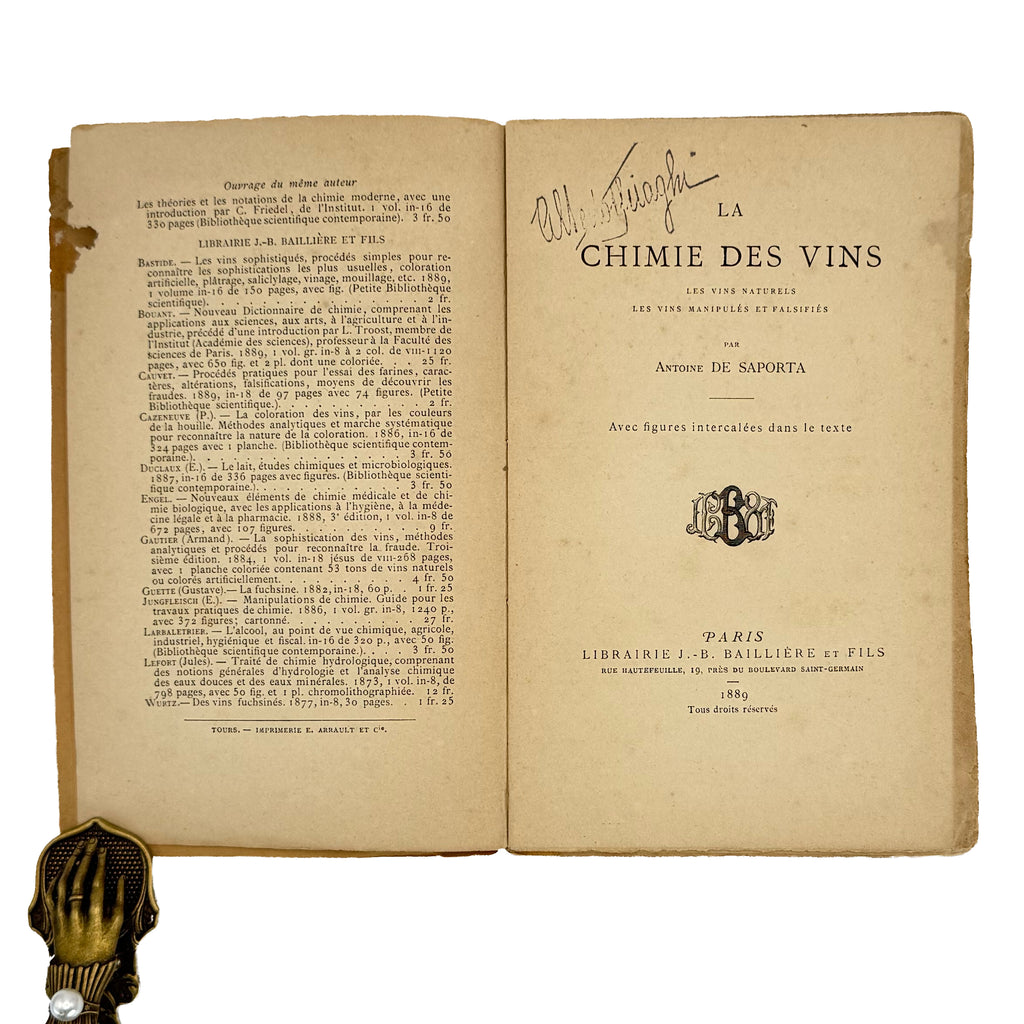 La chimie des vins. Les vins naturels, les vins manipules et falsifies par Antoine De Saporta Avec figures intercalees dans le texte