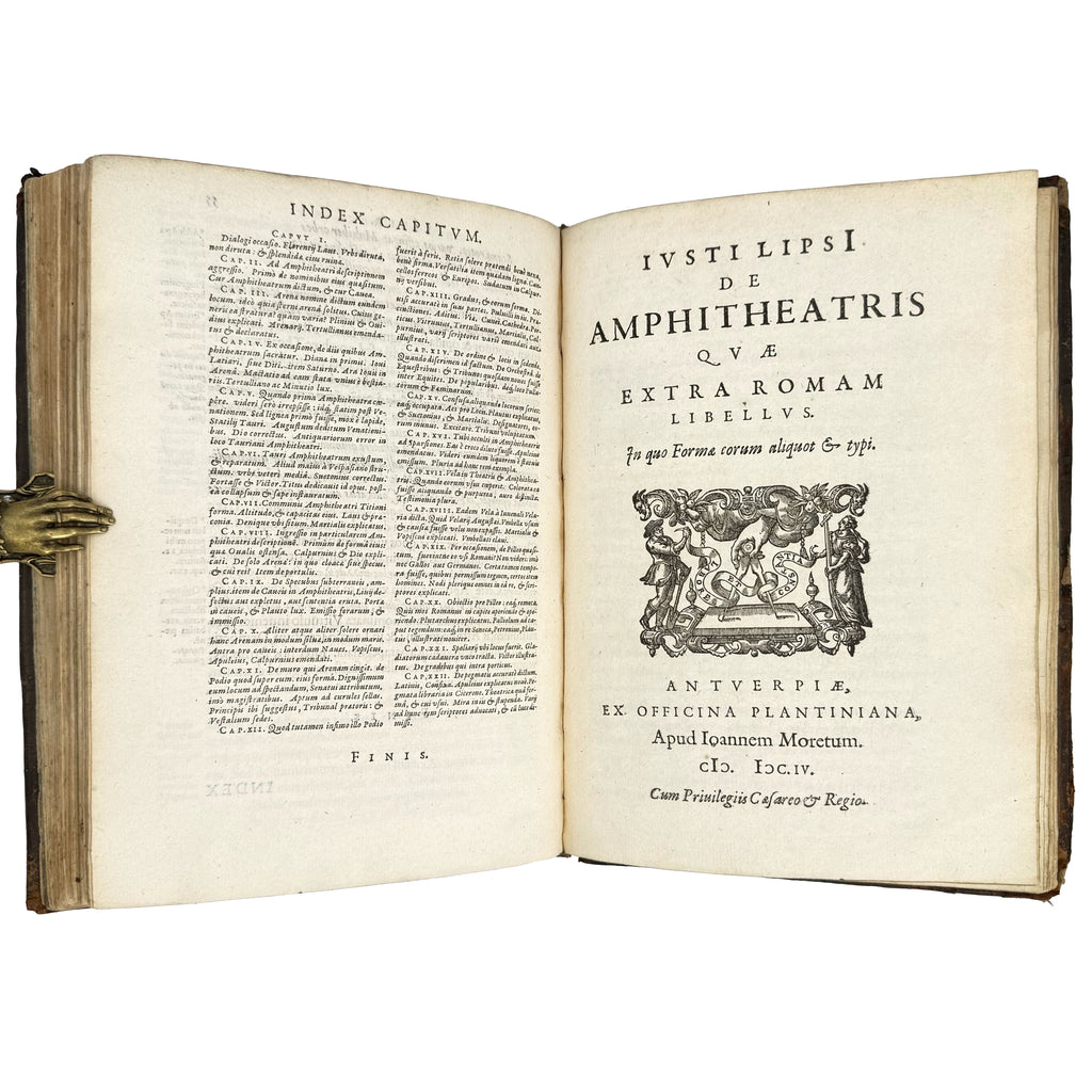 Saturnalium Sermonum libri duo, qui de Gladiatoribus; BOUND WITH: De Amphiteatro Liber (INCL: De Amphiteatris quae extra Romam libellus) by Lipsius, Justus: a distinguished excerpt from the 1604 illustrated wonders text