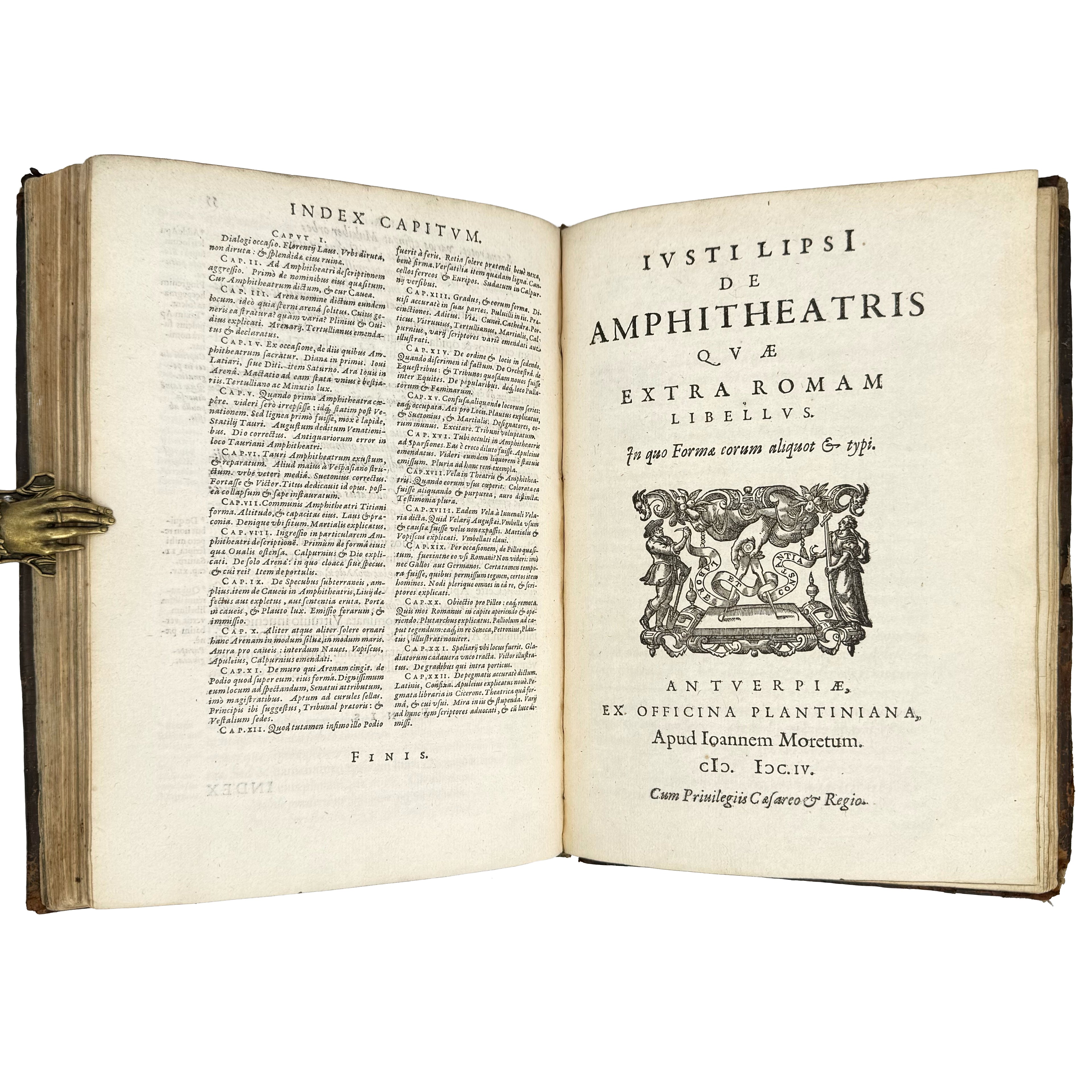 Saturnalium Sermonum libri duo, qui de Gladiatoribus; BOUND WITH: De Amphiteatro Liber (INCL: De Amphiteatris quae extra Romam libellus) by Lipsius, Justus: a distinguished excerpt from the 1604 illustrated wonders text