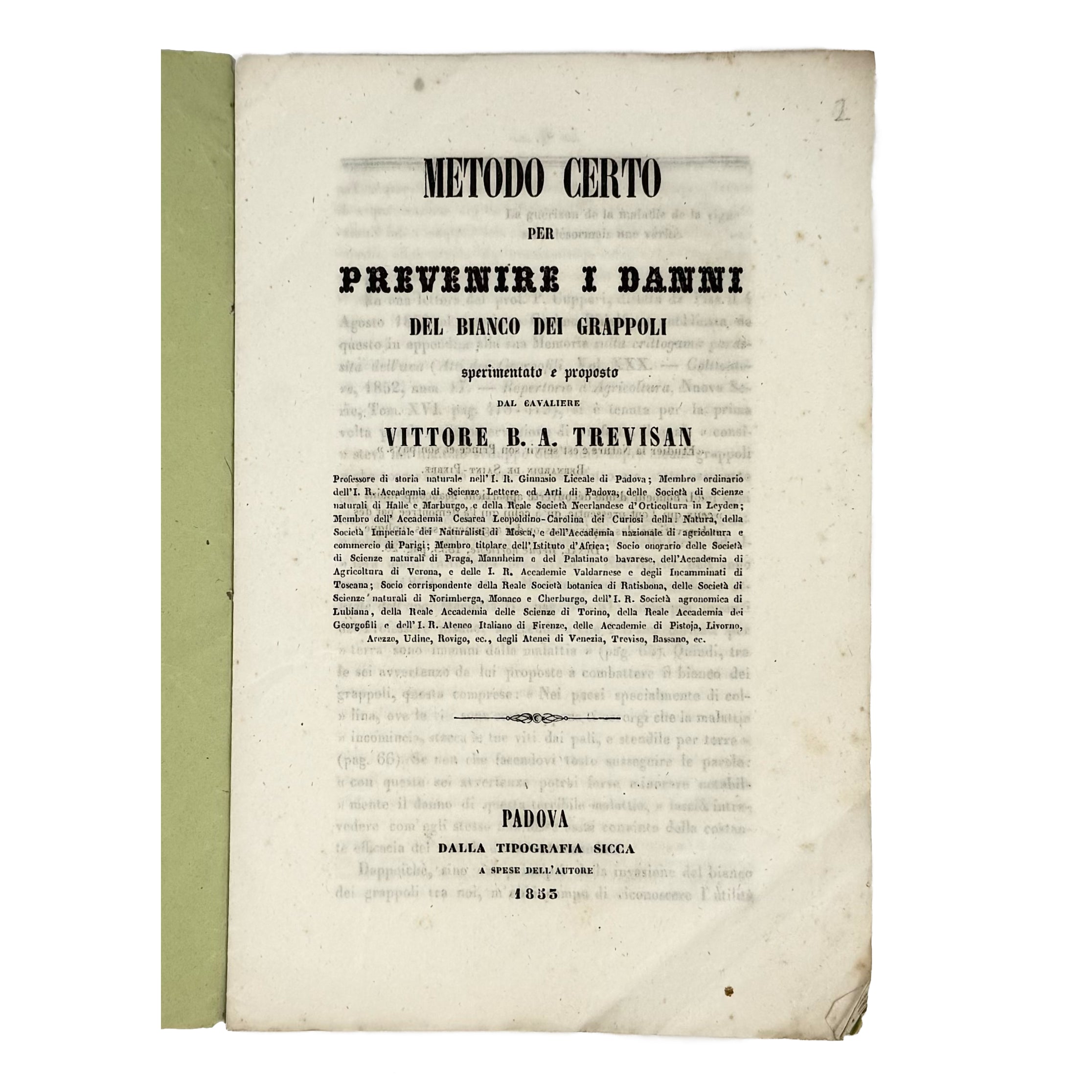 Metodo certo per prevenire i danni del bianco dei grappoli by Trevisan, Vittore: an exceptional example from the 1853 wine & viticulture volume