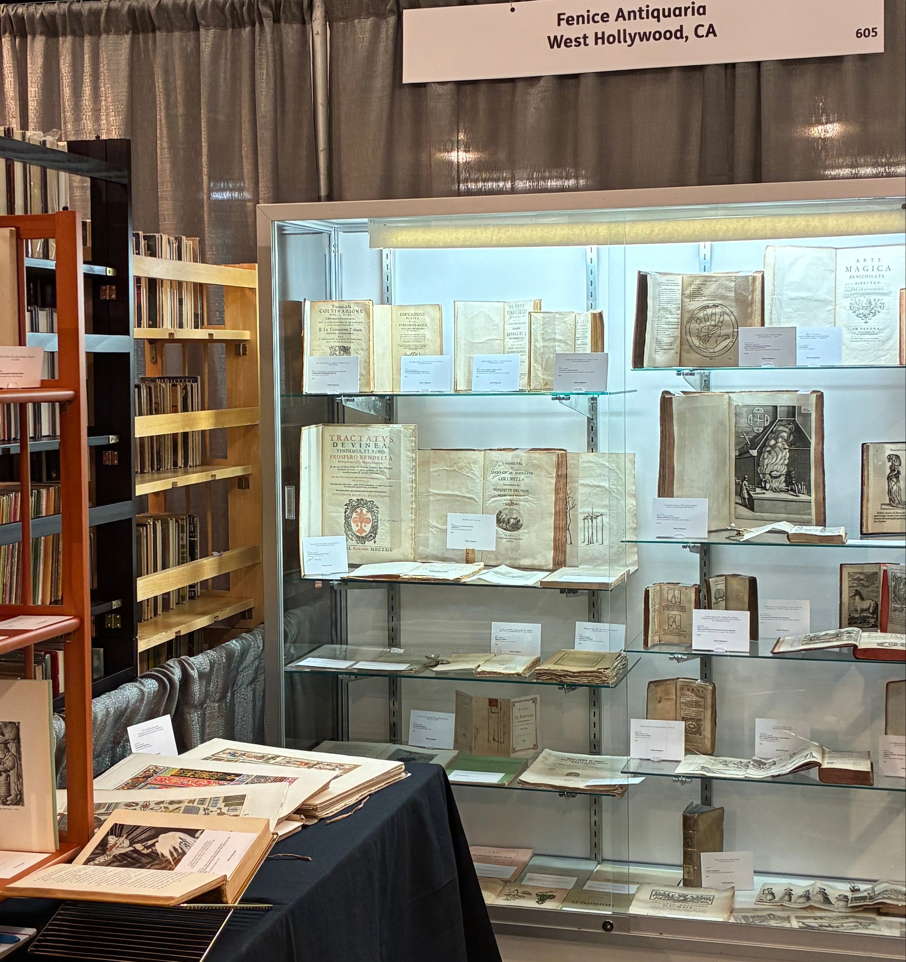 La Fenice Antiquaria’s stand at our first antiquarian book fair, showcasing rare books, illustrated works, and viticulture titles.