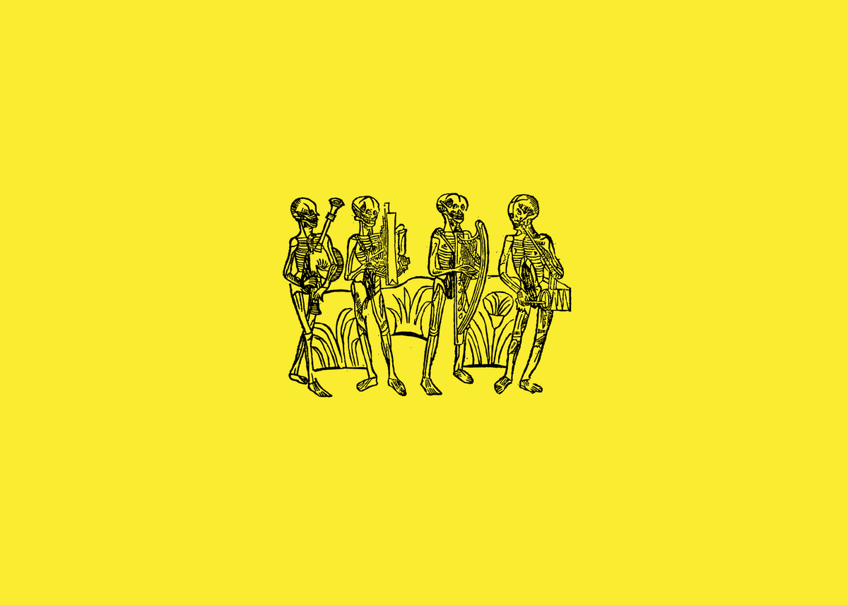 A square graphic design featuring a bright yellow background with a central black line-art illustration of four skeleton figures standing on a small archway.